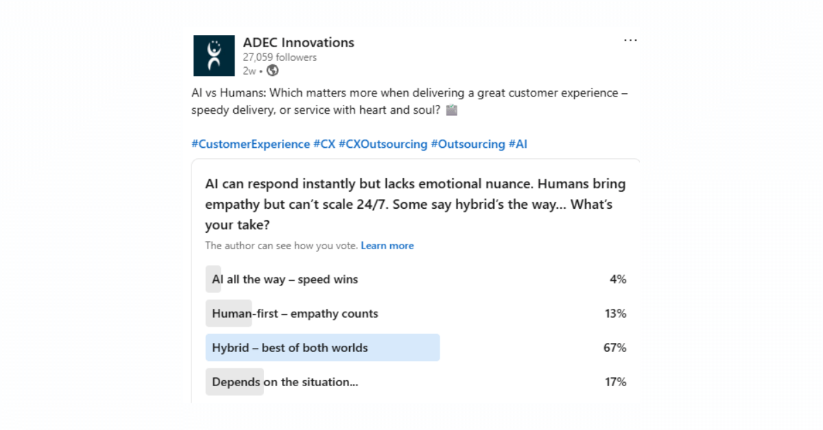 AI x Human Support in CX ADEC Innovations image for Linkedin poll